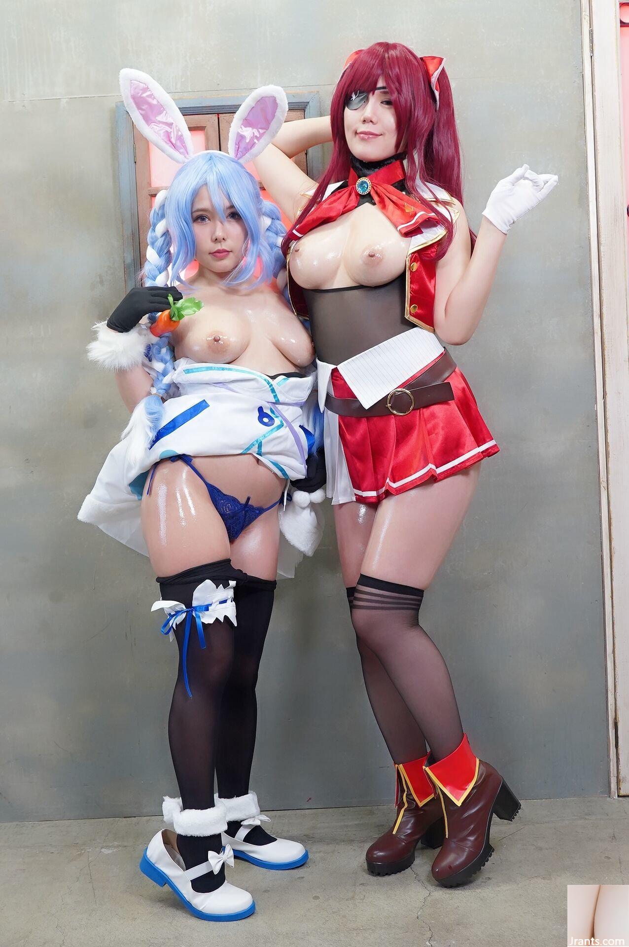 Double Big Breasts Nuruteka Oil Covered Harem 3P Sex (Ho〇 Live Hojo Marin & Usada Pekora) - Ảnh 39