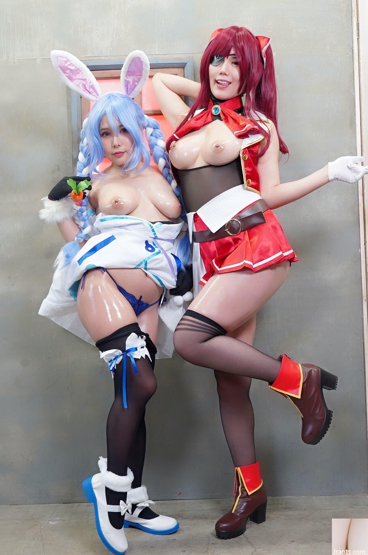 Double Big Breasts Nuruteka Oil Covered Harem 3P Sex (Ho〇 Live Hojo Marin & Usada Pekora) - Ảnh 43