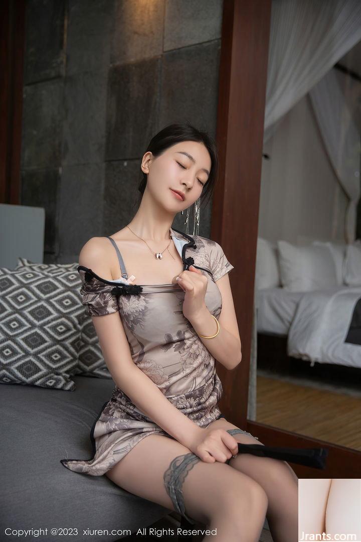 Xiong Xiaonuo, người đẹp mặc sườn xám kiểu cổ, đội một chiếc quạt mỏng để che vùng kín, vẻ mặt say sưa và lộ mông (19P) - Ảnh 9