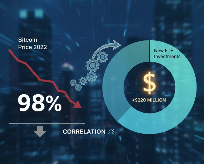 Mối tương quan giữa giá Bitcoin và thị trường giá xuống năm 2022 đạt 98% khi ETF bổ sung thêm 220 triệu USD