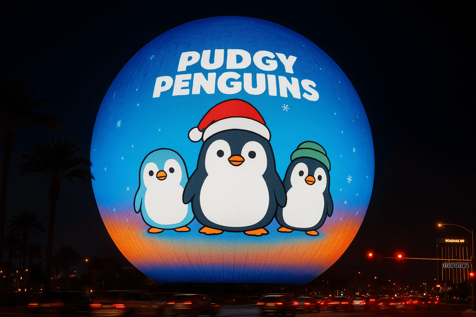 NFT Pudgy Penguins chi nửa triệu USD quảng cáo tại Las Vegas Sphere dịp Giáng sinh