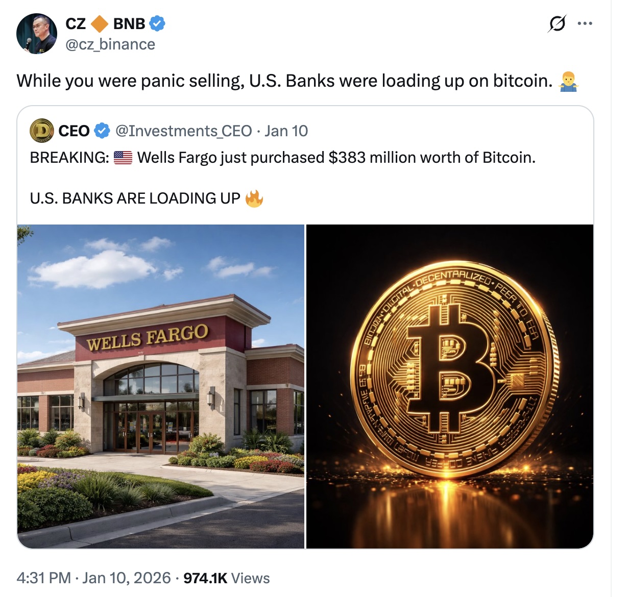 CZ phản ứng trước động thái ngân hàng Mỹ gom Bitcoin