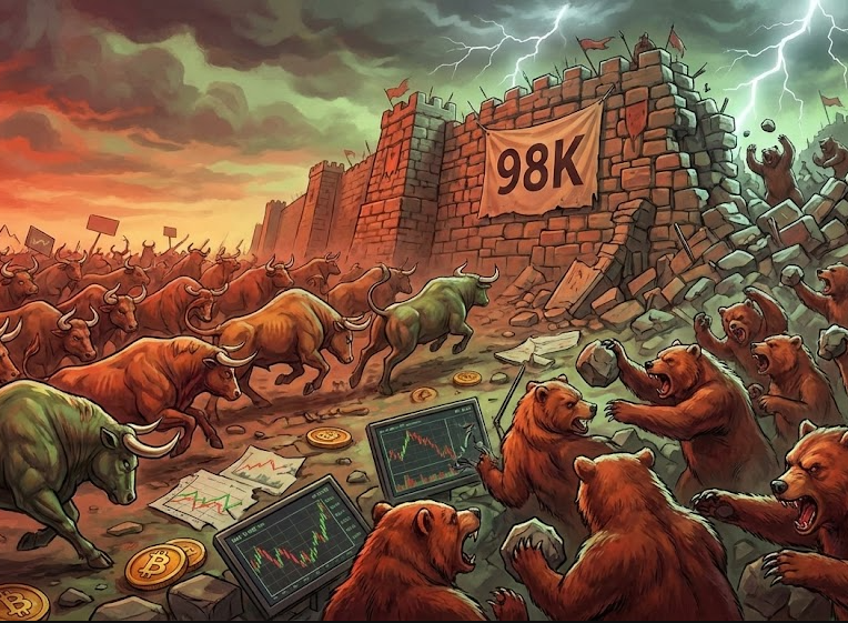 Đà tăng của Bitcoin chững lại khi phe gấu bảo vệ mức 98.000 đô la